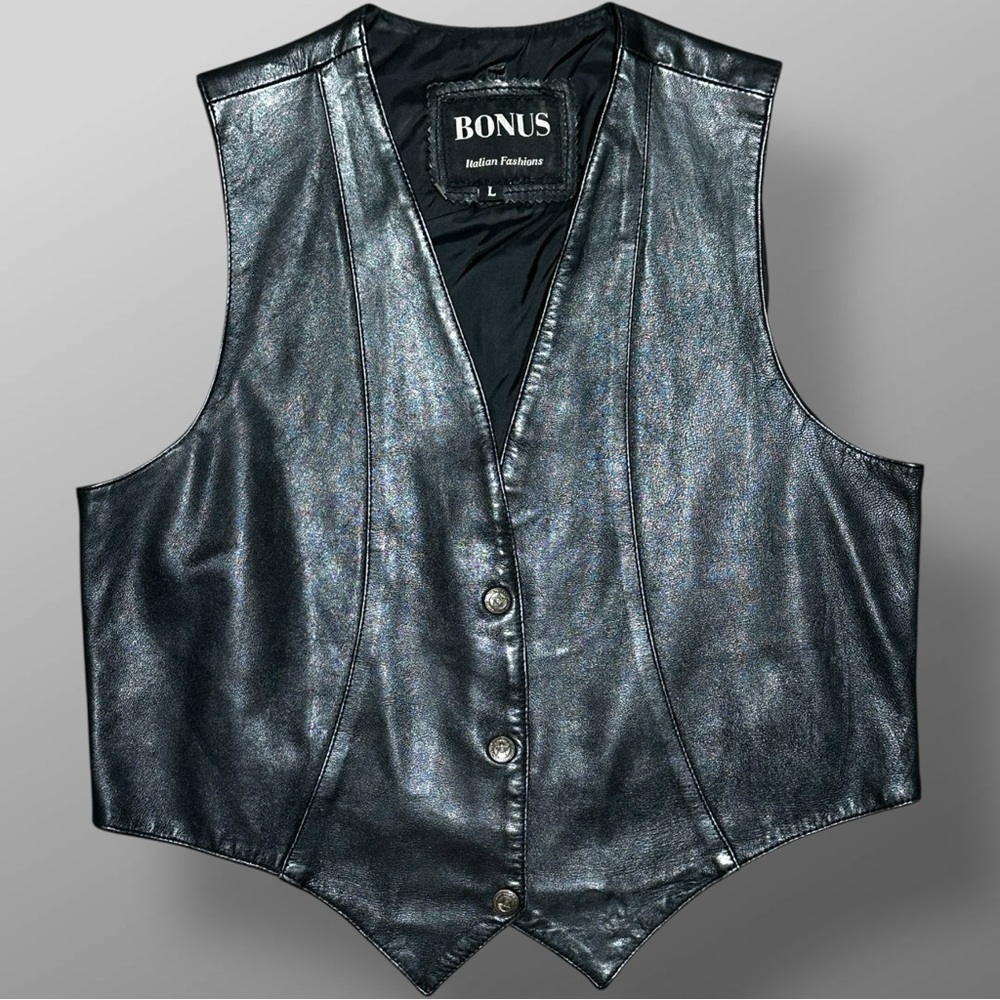 Bonus Italian Fashions Black Leather Biker Moto Vest Women L Genuine Leather